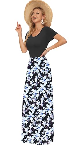 Image of AUSELILY Women's Summer Short Sleeve Loose Plain Casual Long Maxi Dresses | Year Round wear solid floral print, Casual wear, Empire waist, Floor length, Side pockets