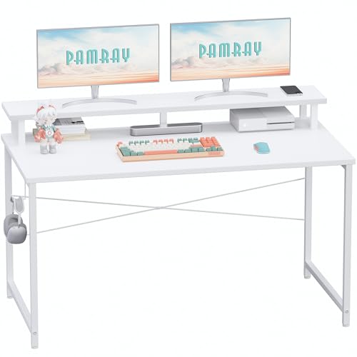 Image of Pamray 47 Inch Small Computer Desk with Monitor Stand, Simple Office Desk with Headphone Hook for Small Spaces, Kids Study Writing Table for Bedroom, White