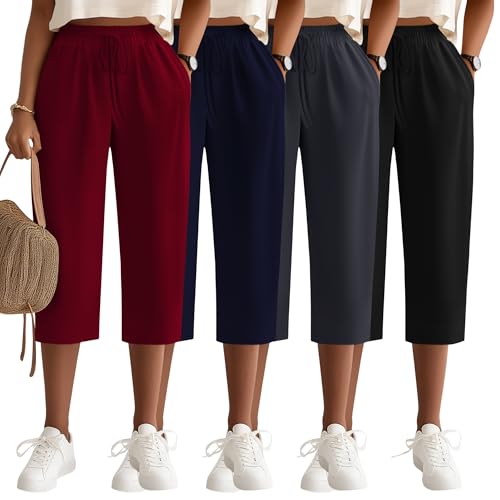Neer 4 Pack Women's Capri Pants, Cotton Drawstring...