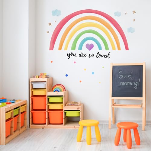 Image of Containlol Rainbow Wall Decals, Playroom Wall Decor for Girl Room, Watercolor Peel and Stick Wallpaper, Boho Wallpaper 30 x 14 Inch Heart Art Stickers for Toddler Bedroom Nursery(Dark Color,Bright)