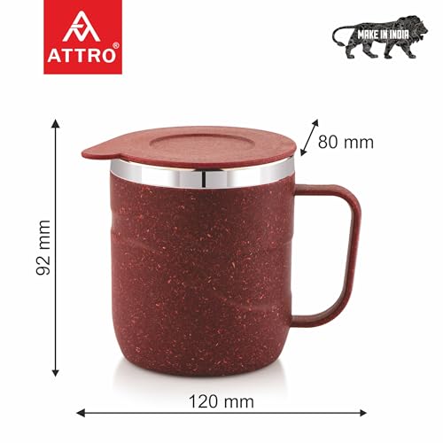 Image of ATTRO Brew Mug - Stainless Steel Inner with eco Friendly Outer Body,Durable & Stylish, Microwave Safe Coffee /Tea Mug with Handle & Lid, Ideal for Home, Office, Travel & Gifting - 300ml - Crimson Red