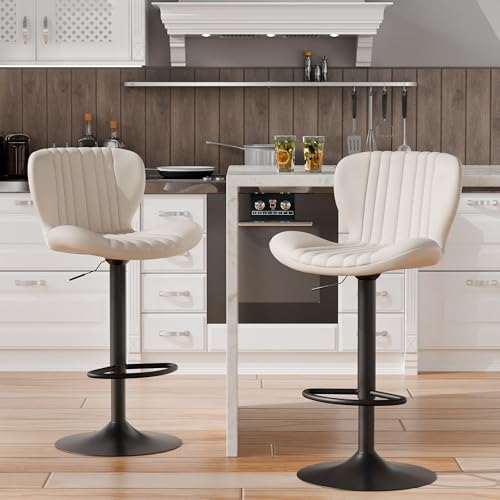 Image of Shintenchi Bar Stools Set of 2 Modern Swivel Bar Chairs, Counter Height Faux Leather Metal Barstools, Upholstered Island Chairs with Back and Footrest, Beige