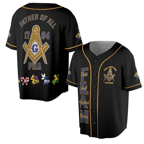 TPTK - Customize Name, Lodge Name Masonic Father of All 1784 PHA Freemason 3D Baseball Jersey S-5XL (US, Alpha, Medium, Regular, Regular, Black)
