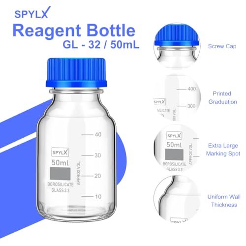 Image of Borosilicate Glass reagent bottle 50ml with leak proof Blue Screw Cap pack of 2 for glassware wide mouth chemical bottles for lab, laboratory, kitchen and professional use