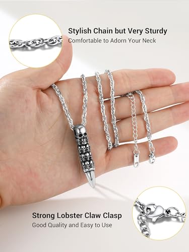 Skull Necklace for Men, Stainless Steel Skeleton Pendant Necklaces, Retro Hip Hop Punk Style, Gothic Halloween Jewelry, Come with Box4