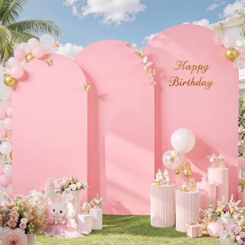 Image of Baby Pink Arch Backdrop Cover Set of 3 (7.2ft, 6.6ft, 6ft), Double-Sided Spandex Chiara Arch Frame Covers, Wrinkle-Free Fabric for Girl Baby Shower Princess Birthday Party (No Stand)