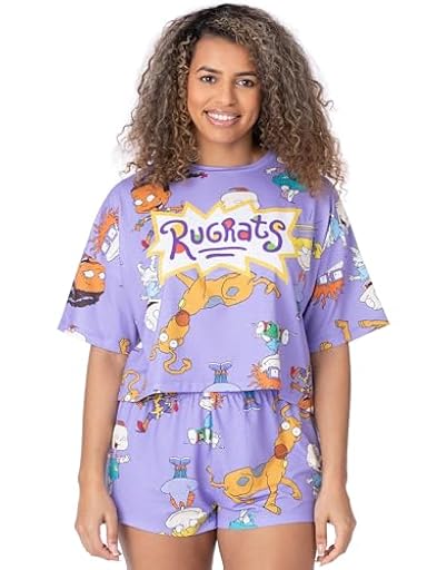 Rugrats Pijamas Mujer | Camiseta Recortada para Mujeres Adultas con Pantalones Cortos pjs | Logotipo del Personaje púrpura de Tommy Chuckie Angelica | Mercancía de Dibujos Animados de los 92 | Ya disponible en tu tienda friki favorita! En mundofriki.es!