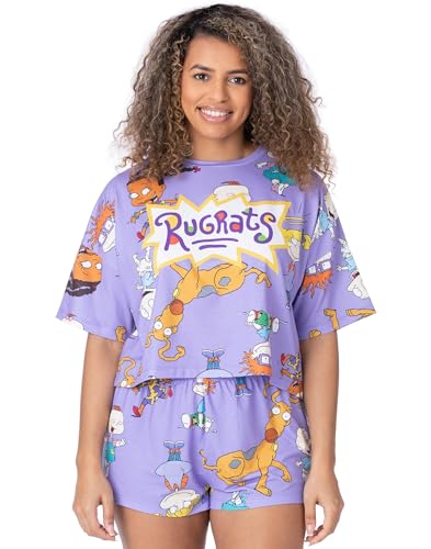 Rugrats Womens Pajama Set | Ladies Cropped T-Shirt With Shorts Bottoms Complete Pjs Bundle | 90s Cartoon Nightwear Pajama Purple
