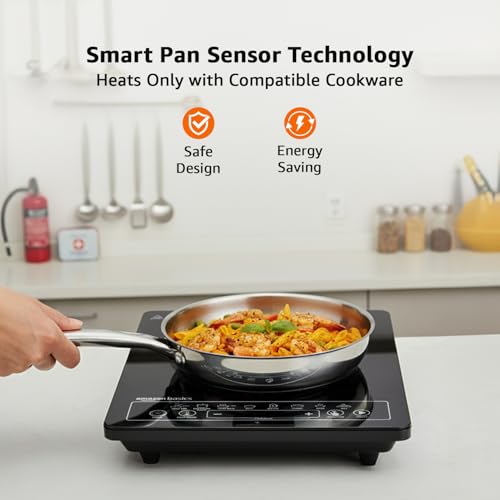 Image of Amazon Basics 1600W Induction Cooktop | 7 Pre-Set Cooking Menus | LED Display | Smart Push Buttons I Energy Efficient, Auto Cut-off, 20A IGBT & 4KV Surge Protection I Black