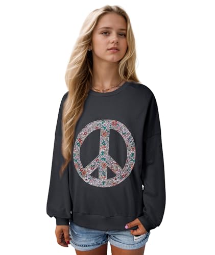 SELINK Girls Long Sleeve Tops Peace Sign Shirts Floral Peace Symbol Crewneck Tunic Shirt Casual Pullover Top 7