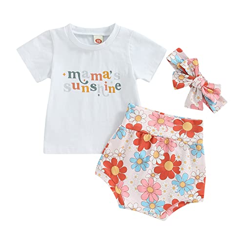 Image of 3Pcs Baby Girl Summer Clothes Set Letter Print Short Sleeve T Shirt Top Floral Shorts Headband Outfit (Mama's Sunshine&Floral, 0-6 Months)