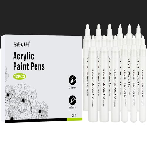 Image of SFAIH White Paint Markers Paint Pens - 12 Pack Acrylic Permanent Marker for Rock Painting, Wood, Metal, Fabric, Plastic, Canvas, Glass, Ceramic, Art Projects, 2-3MM Medium Tip & 0.7mm Extra Fine Tip