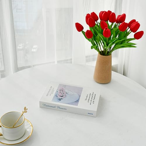 Image of ONLY ART Artificial Red Tulips 20 Pcs - 13.5 Inch PU Faux Flowers with Bendable Stems for Home Decor, Wedding Centerpieces, DIY Floral Arrangements, New Year and Valentine's Day