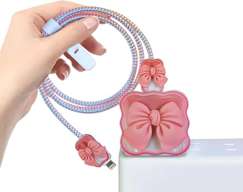 Image of INEFABLE Charger Case Cover Protector with 3D Cute Pattern for iPhone Charger only 18W & 20W, Data Charging Cable Wire Saver Protective Cable Cover Full Protection - Set Of 1 (Pink Bow)
