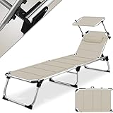 KESSER® Sonnenliege Sun mit Dach Gartenliege Liegestuhl klappbar Sonnendach Verstellbarer Rückenlehne, ergonomisch, gepolsterter Liegefläche, Aluminium Liege Gartenstuhl tragbar Strandliege, Beige