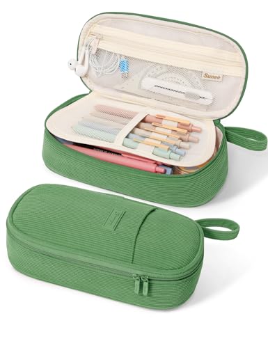 Image of SUNEE Cute Pencil Case, Large Pencil Pouch, Soft Corduroy Fabric Big Pencil Bag with Zipper, Kawaii Pen Bag Stationery Storage and Organizer, School Supplies for Teen, Student, Boys, Girls, Soft Green