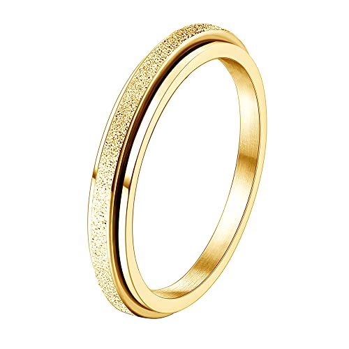 Diamday Gold Fidget Rings for Women Men -2mm Titanium Steel Spinner Ring for Anxiety Stress Relief Glitter Sandblast Spinning Figit Anxiety Jewelry for Women Gifts Bands Size 7