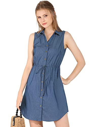 Image of Allegra K Women's Chambray Dress Sleeveless Button Down Jean Denim Shirt Dresses