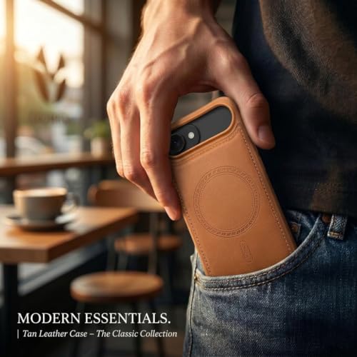 Image of amazon basics Premium PU Leather Case for iPhone 17 Air, MagSafe Compatible Magnetic Ring, Sleek Protective Back Cover - [Tan]