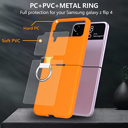 Niffpd For Samsung Galaxy Z Flip 4 Phone Case With Ring, Silicone Flip Cover, Metal Ring, Anti-Fingerprint Shockproof Protective Phone Cover For Samsung Z Flip 4 5G 6.7-Inch (Orange) #TOP2