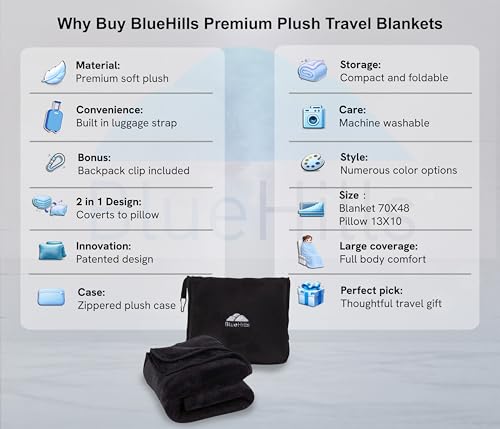Image of BlueHills Premium Soft Tall Travel Blanket Pillow Airplane Flight Blanket Long Throw in Bag Pillowcase with Backpack Clip Compact Large Long Traveling Essentials Portable Black T054