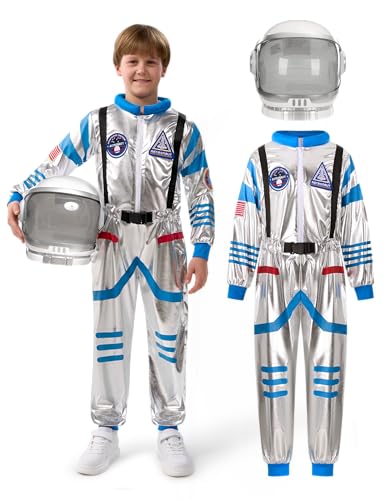 Spooktacular Creations Halloween-Astronautenkostüm für Kinder, Unisex, silberblauer NASA-Piloten-Overall mit Helm für Kinder, Halloween-Cosplay, Partygeschenke (3T, 3–4 Jahre)