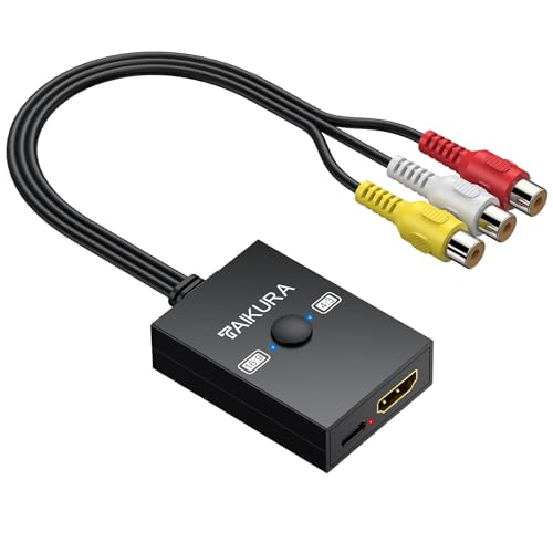 TAIKURA RCA to HDMI Converter with 4:3/16:9 Switch 1080P AV Composite Video Adapter with USB Cable Supports PAL/NTSC for Wii PS2 DVD VHS to HDTV or Monitor
