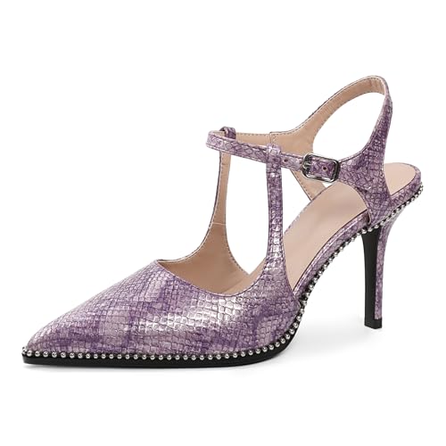 Image of SAMMITOP Womens High Heels Ankle Strap Pointed Toe Stilettos Patent Leather Beaded Pumps Dress Shoes 3.5 Inch