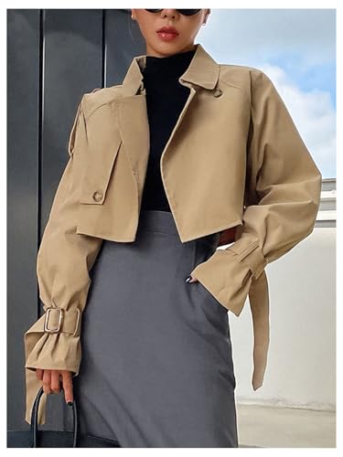 Floerns Women's Double Breasted Buckle Lapel Long Sleeve Cropped Trench Jacket4