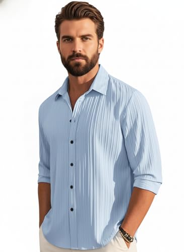 Image of Amazon Brand - INKAST Men's Casual Button Down Shirts Long Sleeve Linen Shirt Fashion Textured Beach Summer Shirt