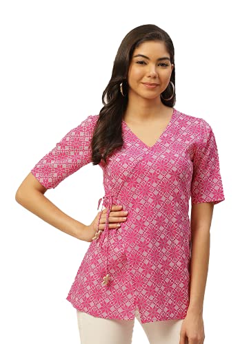 Image of COTLAND Fashions Jaipuri Cotton Angrakha Style Top for Women (Partial Open) (Taffy Pink)
