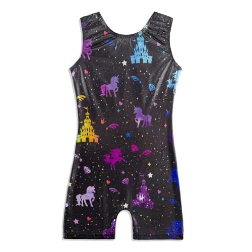 HOZIY Gymnastics Leotards with Shorts for Girls Toddlers Kids Biketard Tumbling Outfits Sparkle Unicorn Leopard Galaxy 4-5T Castle Unicorn