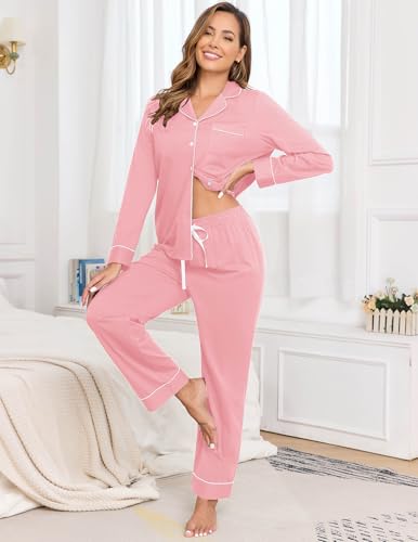 Image of Veseacky 100% Cotton Women's Pajama Set Long Sleeve Button Down Sleepwear Soft Pjs Lounge Sets Nightwear Pjs XS-XXL