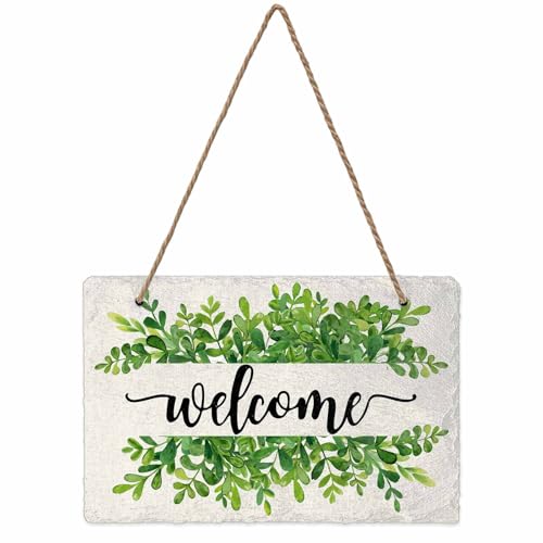EwdeWwo Summer Welcome Wall Hanging Sign- Welcome Watercolor Leaves Slate Hanging Plaques for Front Door Porch Window Farmhouse Garden 5.1" x 7.9" Wall Home Decor