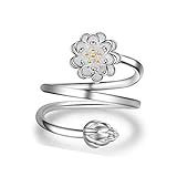 XCFS 925 Sterling Silver Double Lotus Flower Charm Golden Flowers Bud Women Adjustable Band Ring