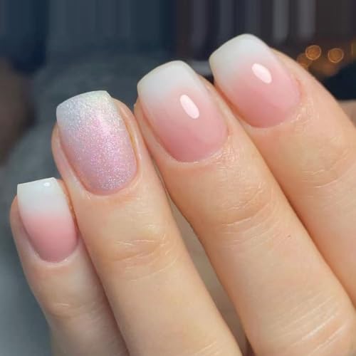 Ombre Press on Nails Short Square Fake Nails with Glitter Design ...
