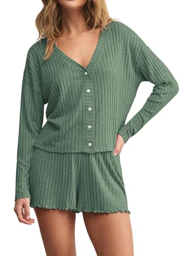 Dressmine Womens Long Sleeve Pajama Sets Button Up Pajamas Sleeping Shorts 2 Piece Lounge Set Knit Sexy Sleepwear