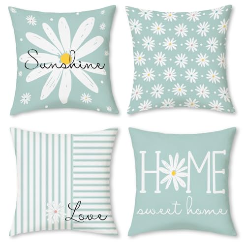 Hopomoon Housses de Coussin à Motif Marguerites 45 x 45 cm, Lot de 4 Housses de Coussin Vert Menthe Décoration printanière pour Chambre de Fille Décoration...