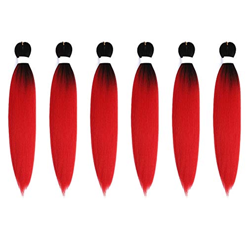 Pre Stretched Braiding Hair Extensions 24inch 6 Packs Hot Water Setting Synthetic Fiber Crochet Braids Braiding Yaki Texture Hair Extension Twist Braid(1B/Red)