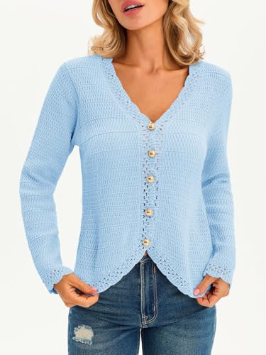Image of Saodimallsu Womens V Neck Cardigan Sweaters Button Up Cropped Boho Knit Long Sleeve Loose Trendy Sweater Tops