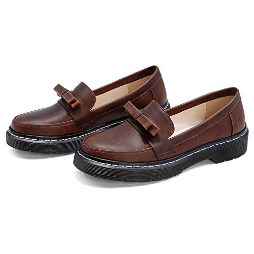 Odema sapato feminino de salto baixo Oxford bico redondo sem cadarço, Marrom, 10.5