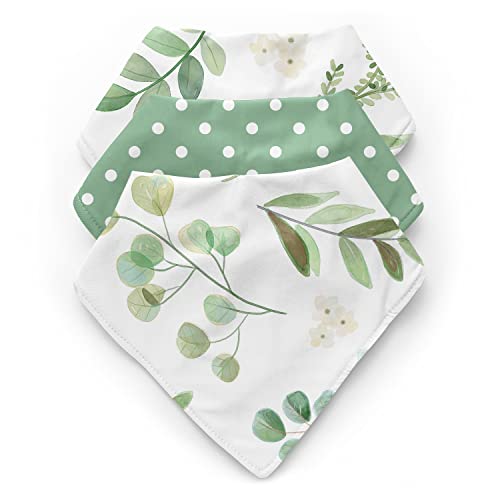 Image of Sweet Jojo Designs Floral Leaf Baby Bandana Bibs Newborn Infant Feeding Drool Gender Neutral Green and White Boho Bohemian Watercolor Botanical Flower Woodland Garden 3 Pack Set Absorbent Fabric