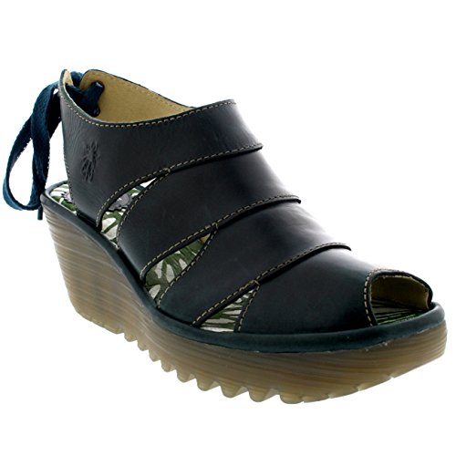 Womens Fly London Yown Rug Leather Vacation Peep Toe Wedges Heel Sandals