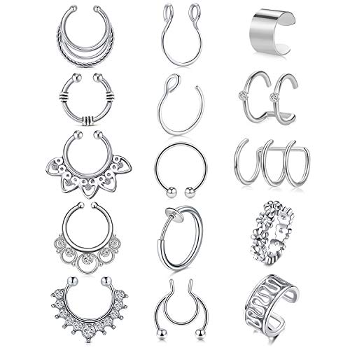 MODRSA Fake Septum Nose Hoop Rings Stainless Steel Faux Lip Ear Cuff Earrings Spring Nose Face Septum Ring Non Piercing Clip On Nose Rings Hoops Silver Rose Gold Black