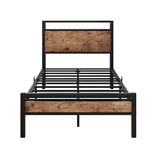 Bofeng Metal Bed Frame Twin Size With 2-Tier Storage Wooden Headboard And Footboard,Heavy Duty Metal Platform Bed Frames No Box Spring Needed,Mattress Foundation Firm Steel Slat Support #TOP6