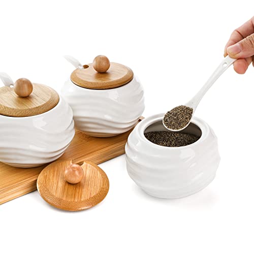 Peohud Set Of 3 Porcelain Condiment Pots, 10 Oz Sugar Salt Jar, Sugar Bowls Set With Ceramic Spoons, Bamboo Lid And Serving Tray, Pottery Pot Spice Jar For Sugar, Salt, Tea, Coffee, Spice #TOP3