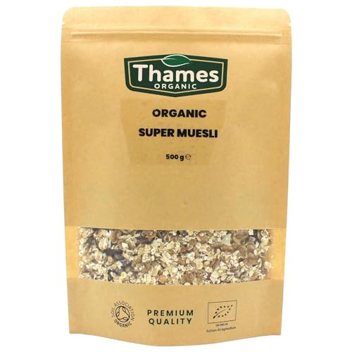 Organic Super Muesli - No Additives  No Preservatives  A Blend of Dried Fruits Nuts & Seeds  Vegan  GMO-Free  Certified Organic - Perfect for Breakfast - Thames Organic 500g