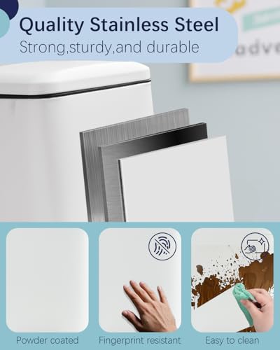 Bathroom Trash Can with Lid, 6 Liter / 1.6 Gallon Stainless Steel Trash Bin, White Garbage Can with Removable Inner Bucket, Perfect Square Step Bin for Kitchen, Bathroom, Office, Bedroom