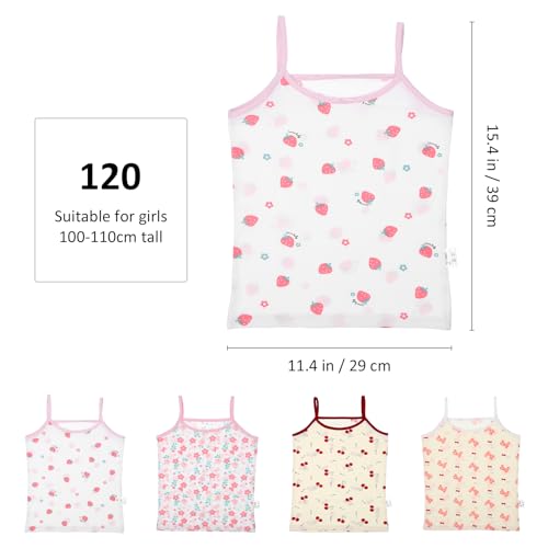 4 Pack Girls Tank Tops - Cotton Camisoles with Cute Prints (Cherry, Cat, Garden, Strawberry) - Breathable Undershirts for Toddlers Ages 100-110Cm4