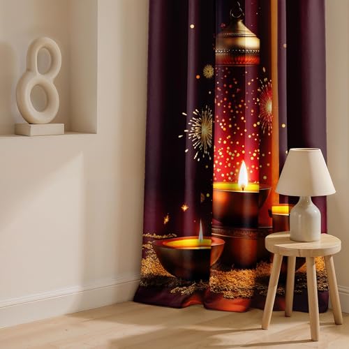 Image of Ultimate Trends Festival Themed Light Filtering Polyester Curtain Diya, Lantern, Lotus & Fireworks Print | Ideal for Diwali, Pooja Room, Living Room Dcor | Eyelets|, 7 FEET (Pack of 2)